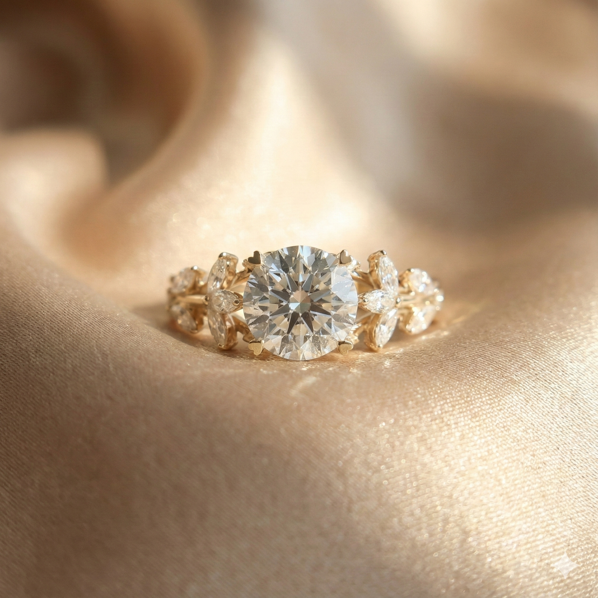 Close-up engagement ring detail: prongs and band finish | Diamond Ateliers