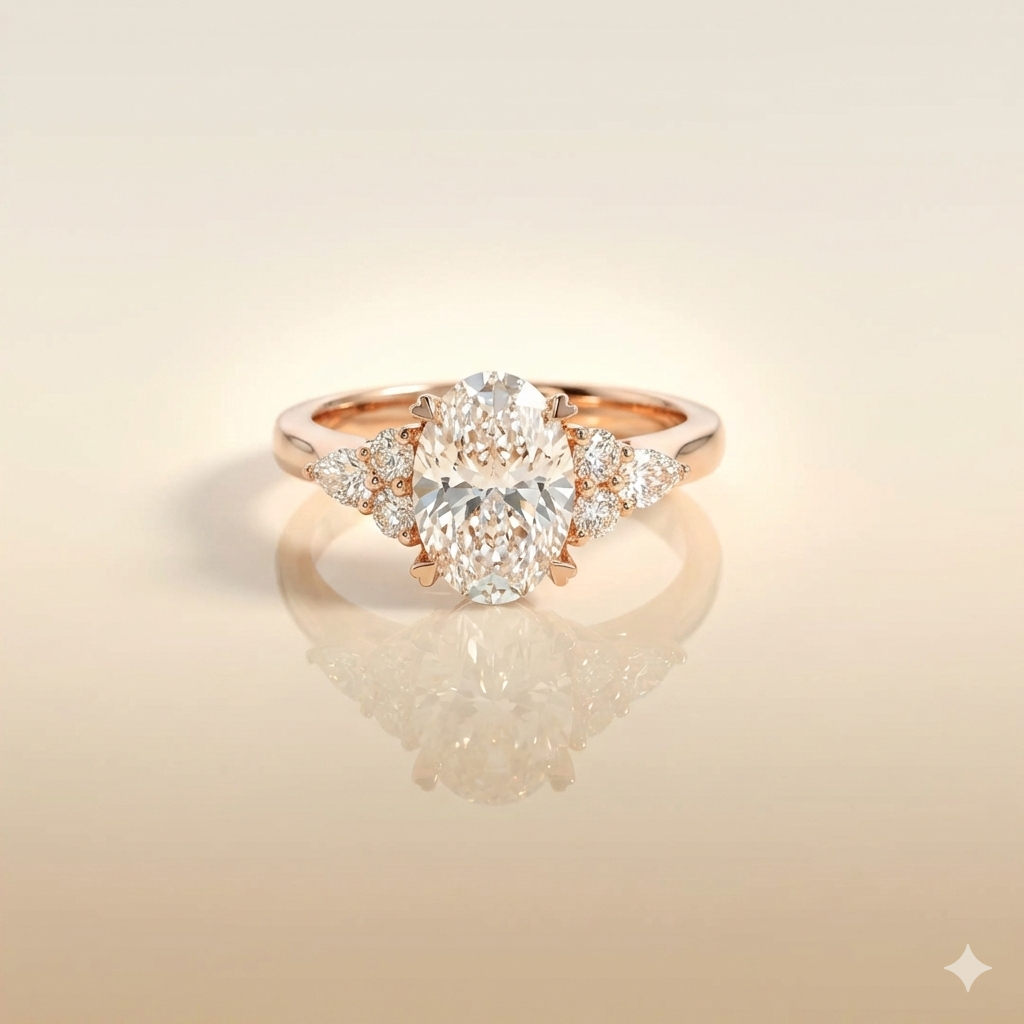 Oval diamond engagement ring in rose gold with marquise side stones on a slim band.