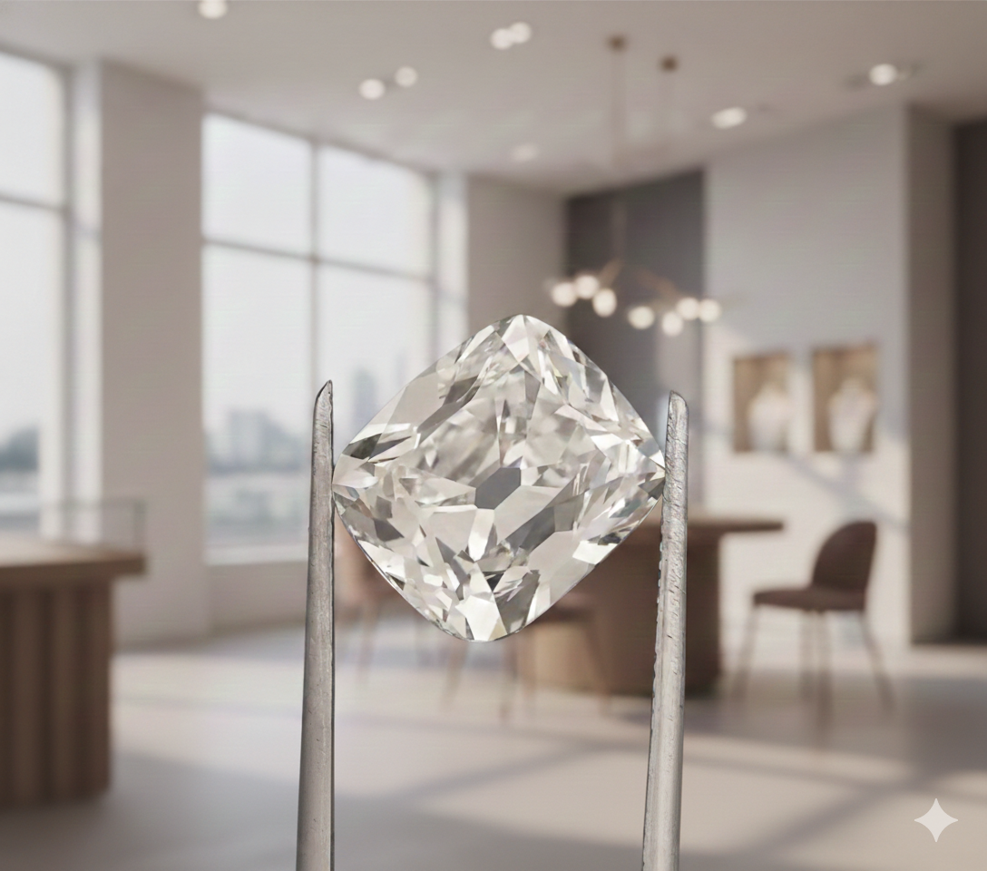 Close-up of a old mine cut cushion-cut diamond held in professional jeweler's tweezers, set against a blurred luxury jewelry showroom background