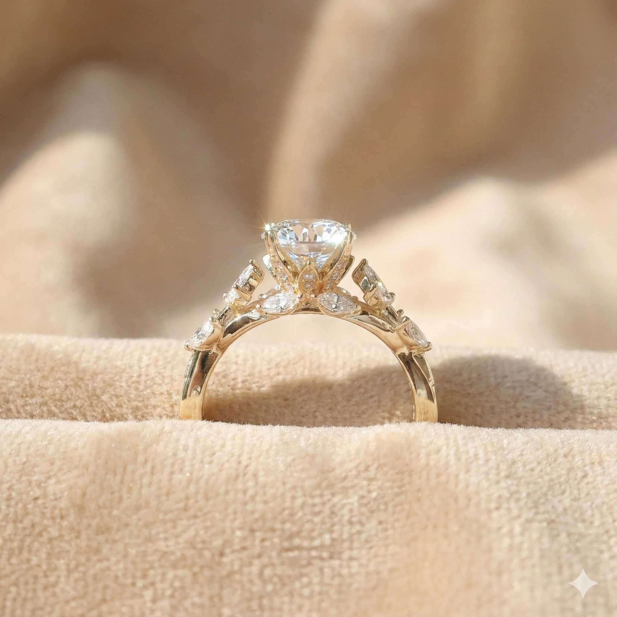 Engagement ring with hidden halo and cathedral shoulders | Diamond Ateliers