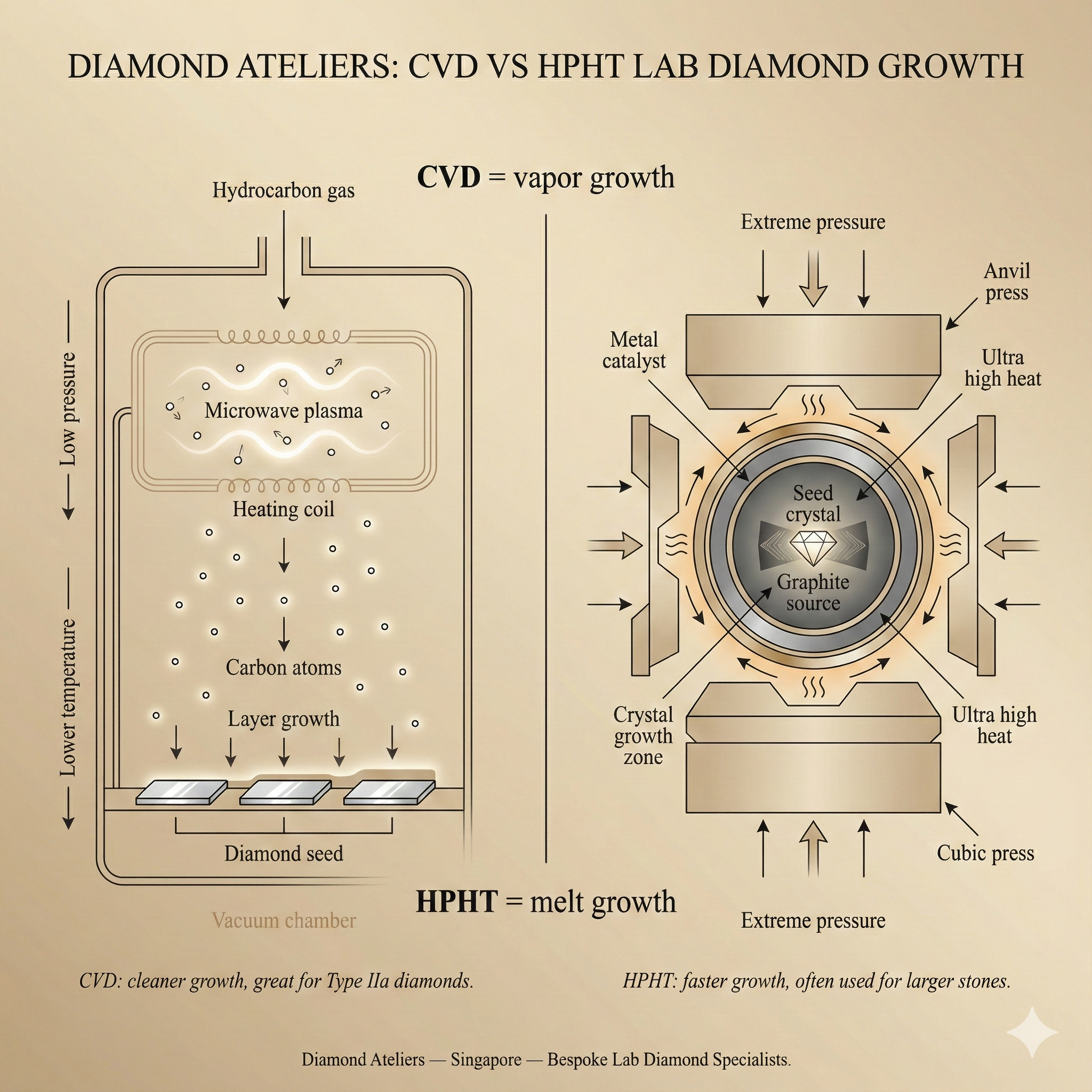 Lab-grown diamond comparison illustrating CVD and HPHT growth | Diamond Ateliers