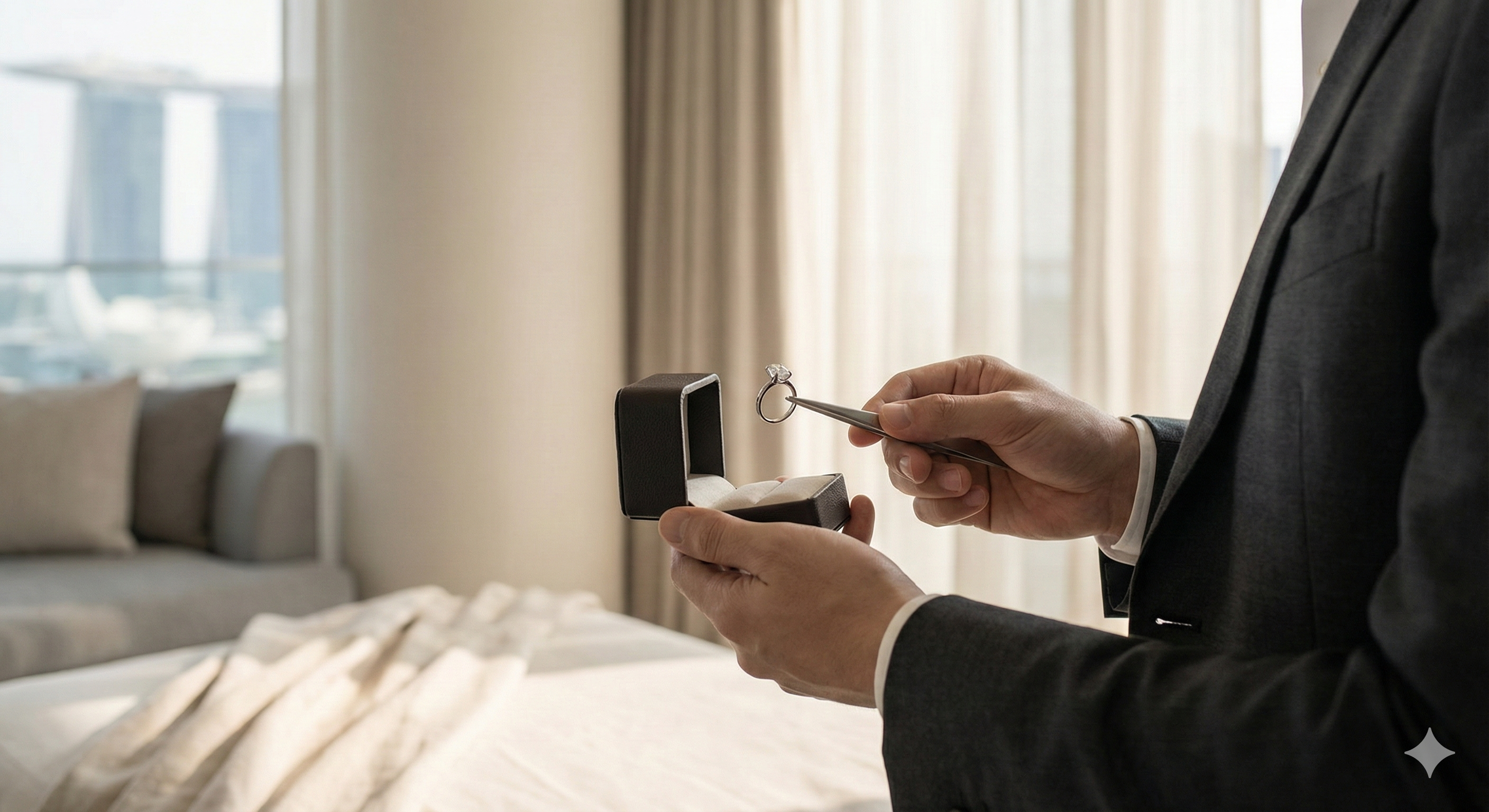A cinematic close-up of a well-dressed man holding an open ring box featuring a sparkling solitaire diamond engagement ring. He stands near a window in a modern, luxury Singapore interior