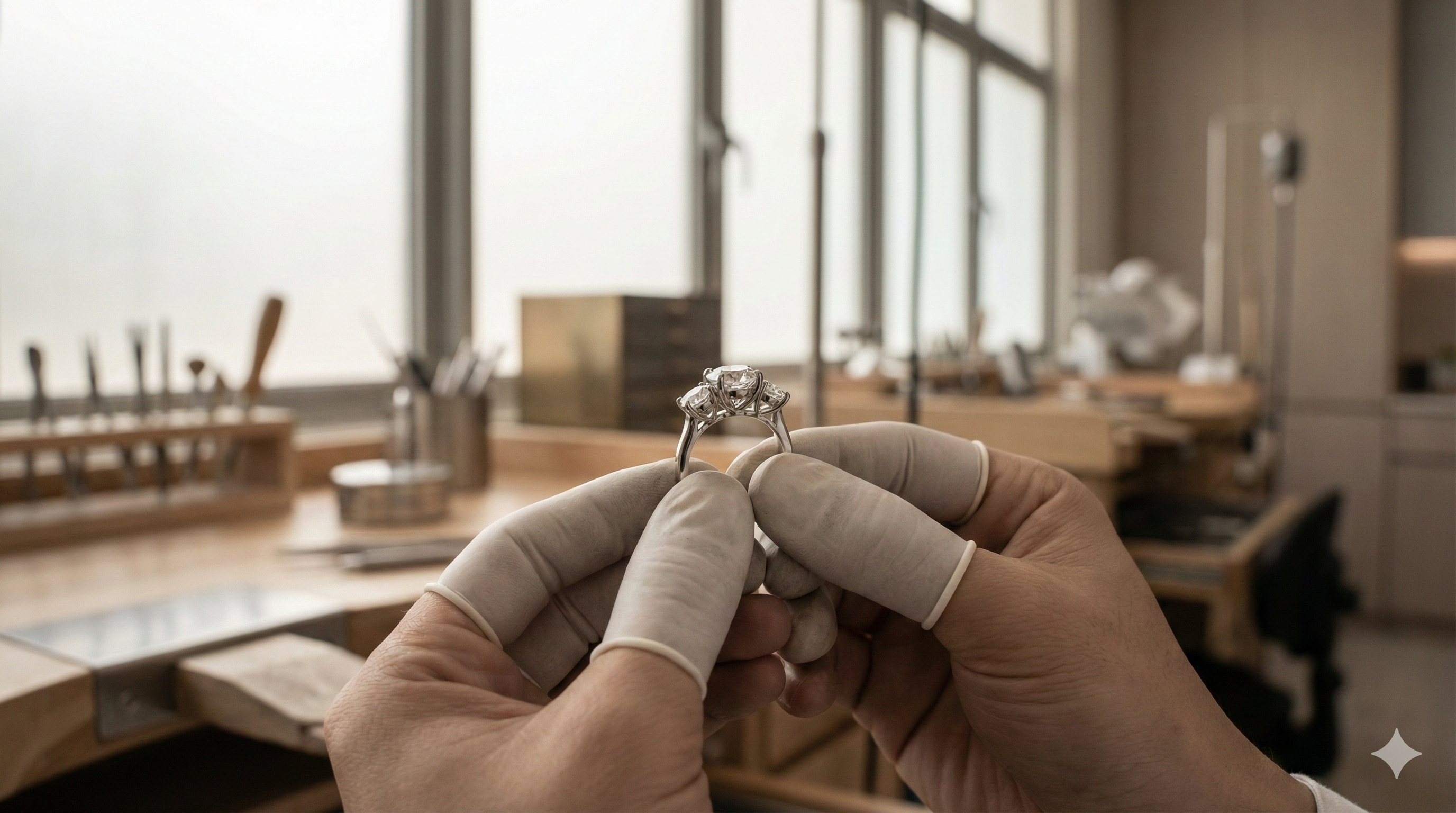 Close-up of a jeweler's hands wearing protective finger cots, carefully inspecting a bespoke diamond engagement ring in a sunlit, modern atelier. The background features a blurred workbench with jewelry tools, highlighting the craftsmanship process.