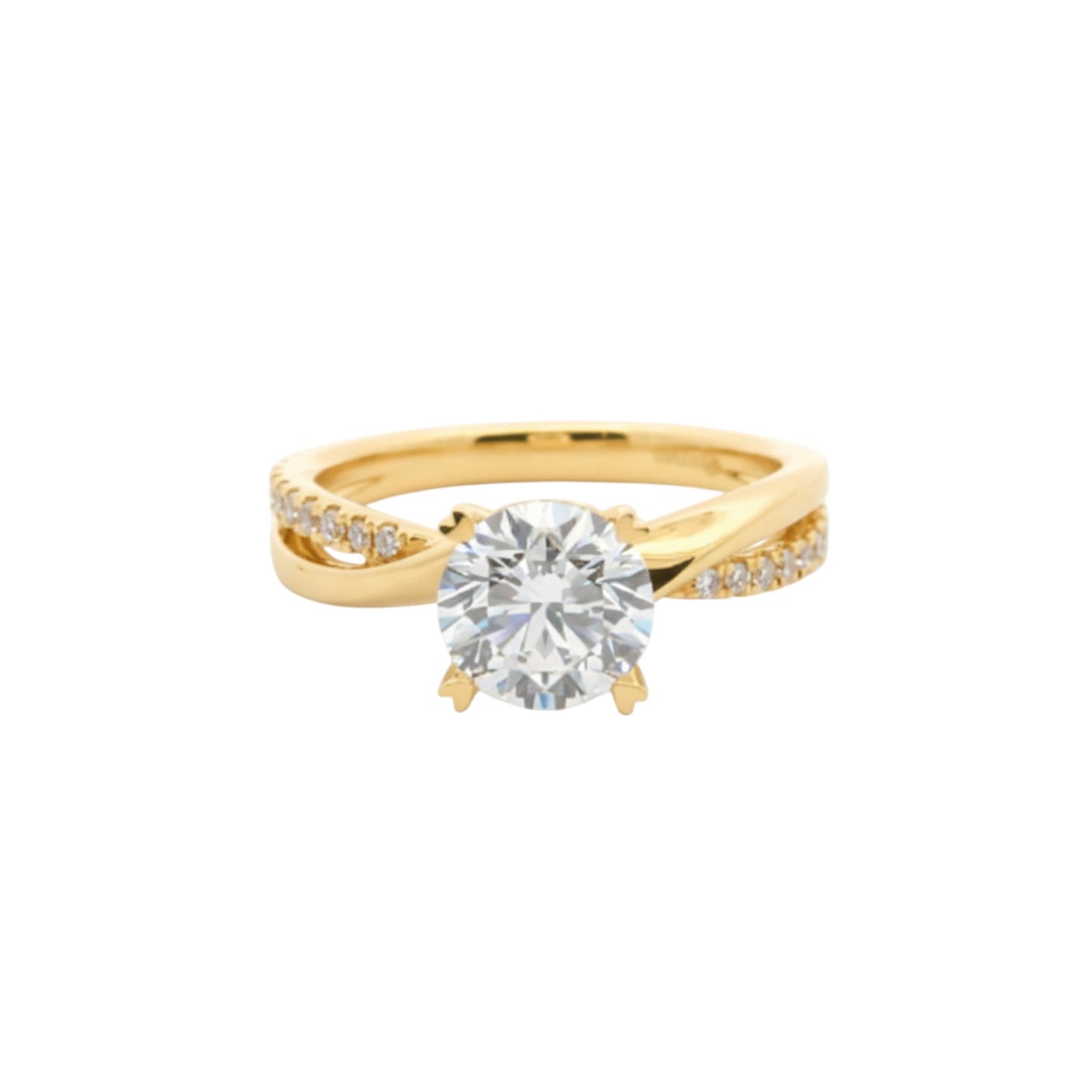 Open arc twist engagement ring with 4 heart prongs in 18K yellow gold – Diamond Ateliers.
