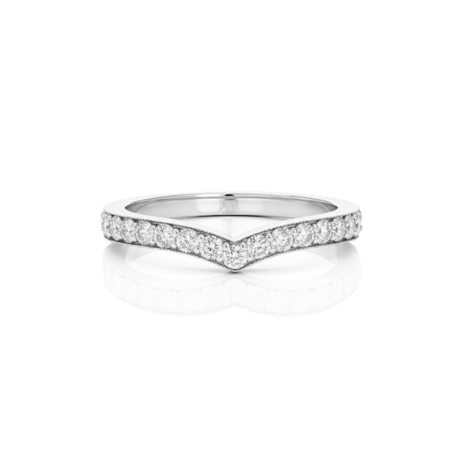 2.2mm V-shaped channel diamond band in 18K white gold with round diamonds and a soft contour shape.