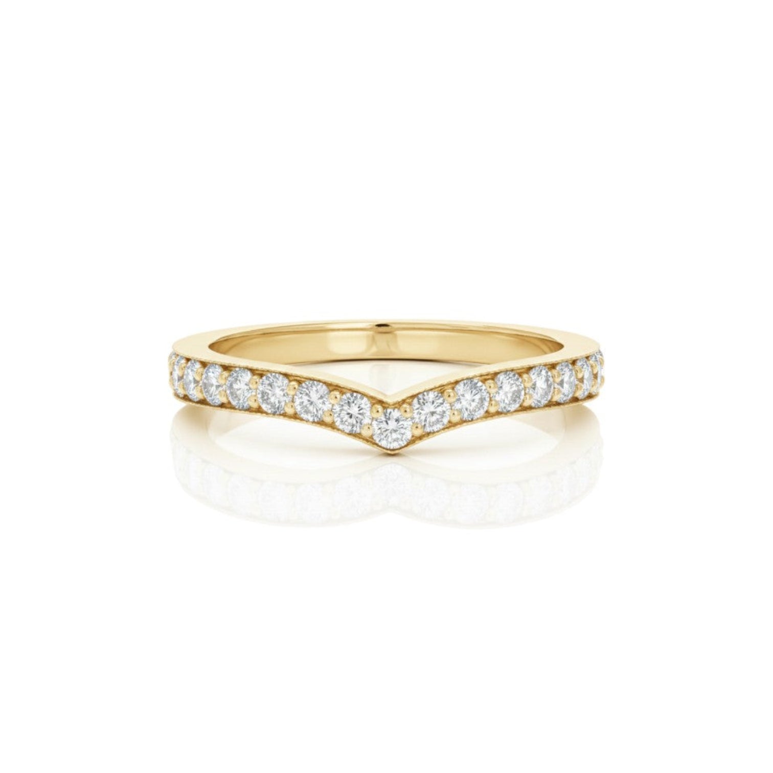 2.2mm V-shaped channel diamond band in 18K yellow gold with flush channel-set diamonds.