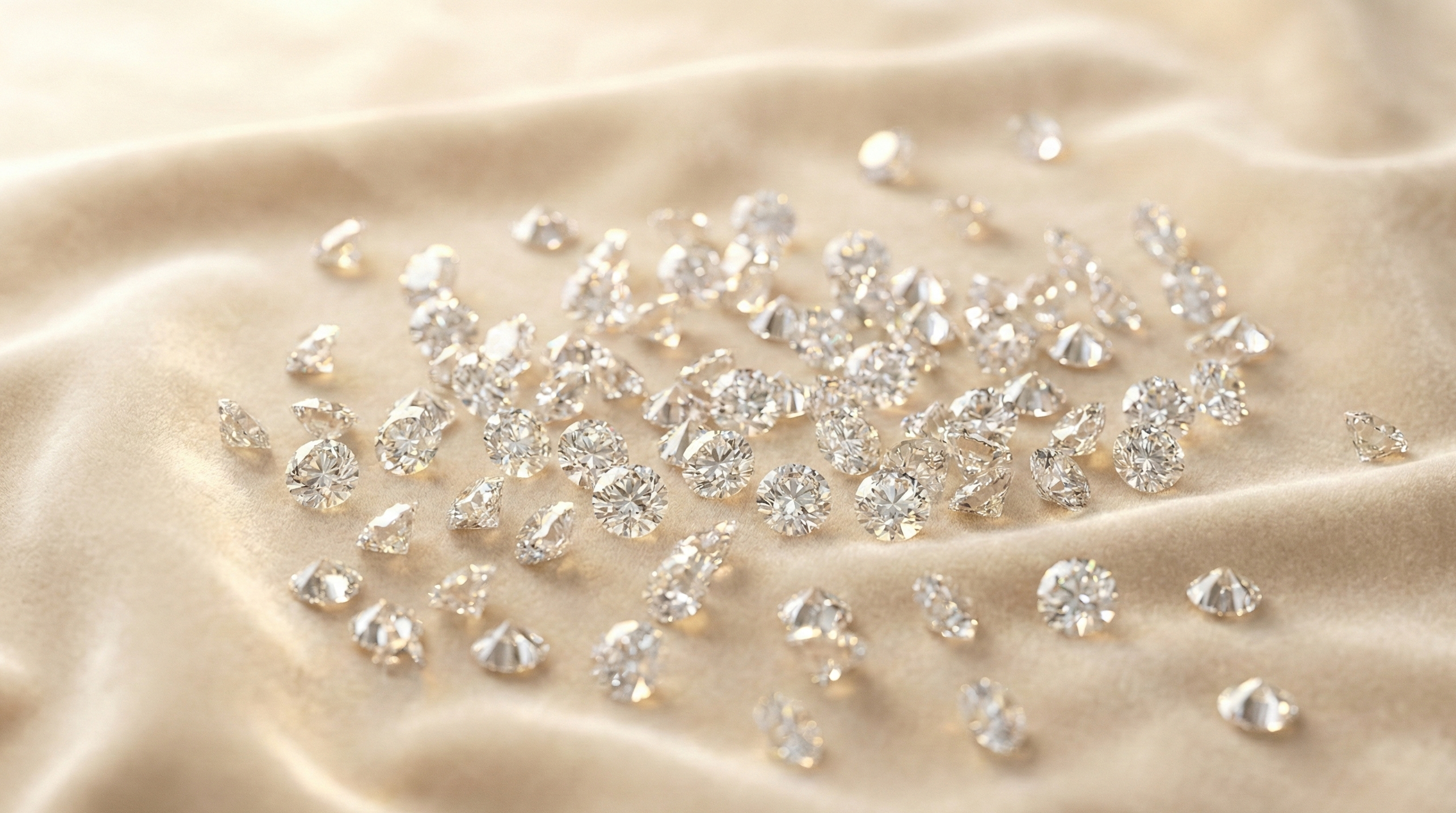 Photorealistic hero shot featuring a collection of loose, round brilliant-cut diamonds scattered elegantly across soft, champagne-beige fabric. The lighting is diffused and luxurious, creating gentle reflections and sparkling highlights on the gemstones in a clean, premium editorial style.