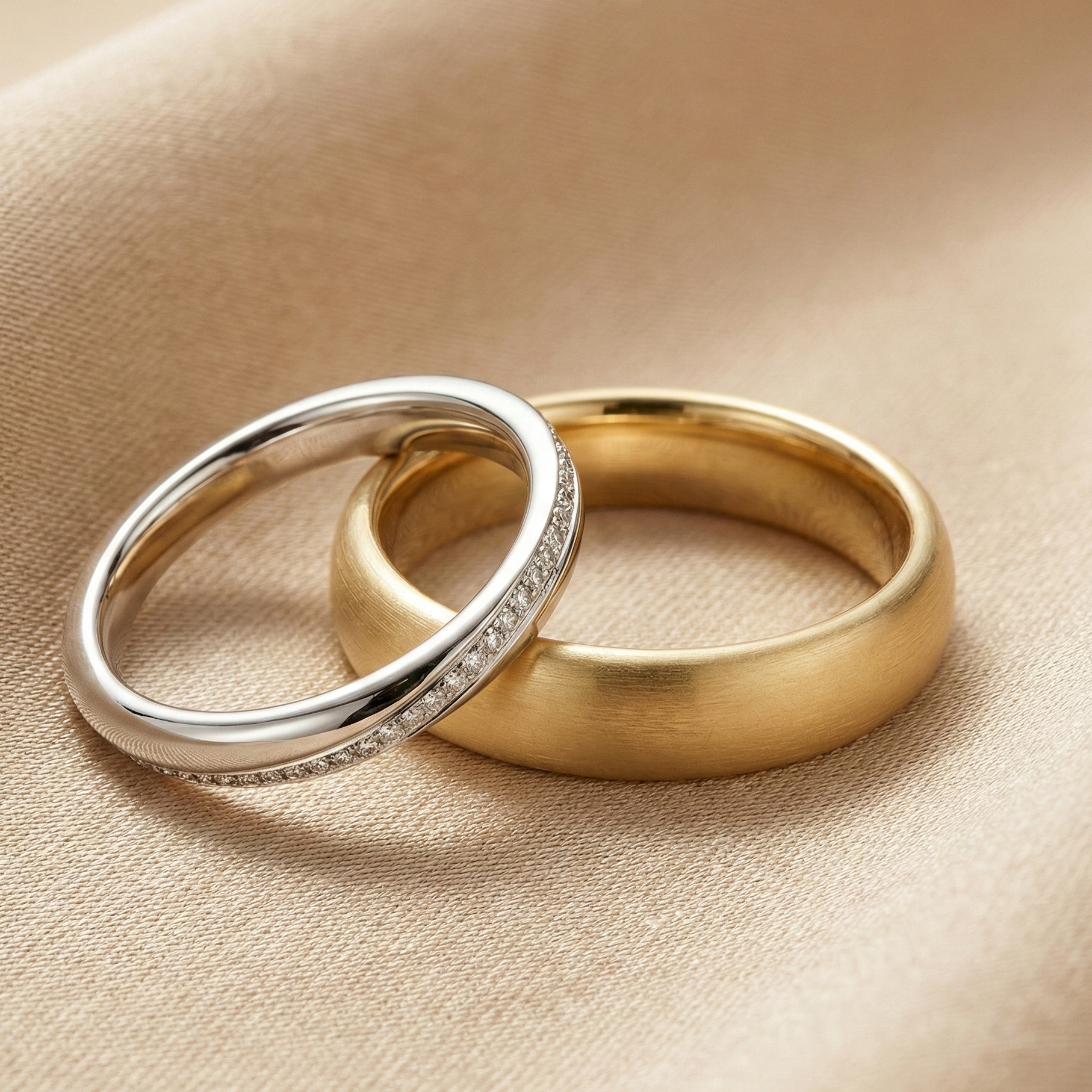 Couple wedding bands featuring a slim white gold pavé diamond band paired with a wide matte yellow gold men’s band, photographed in warm champagne studio lighting on a soft fabric backdrop.