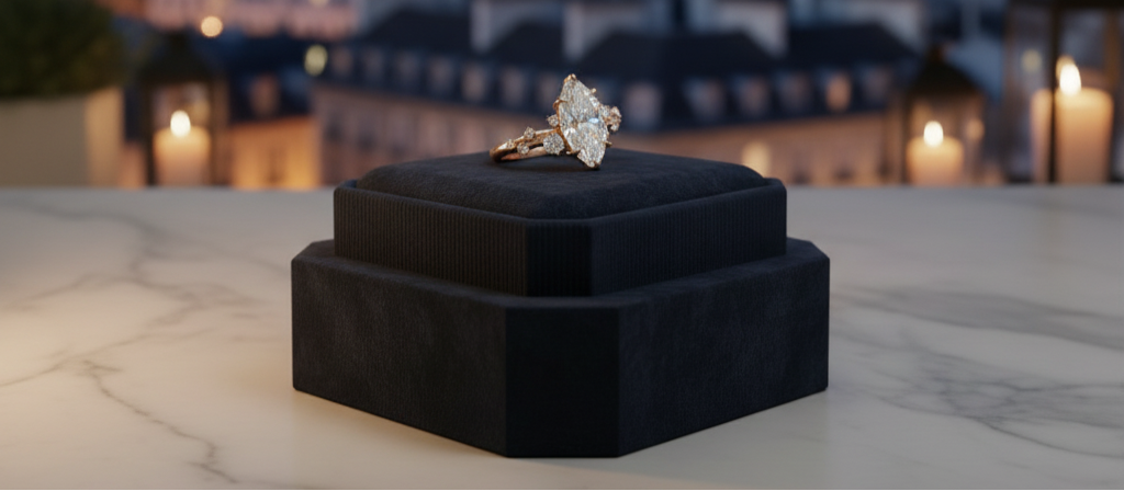 Diamond ring on a black velvet stand | Diamond ateliers