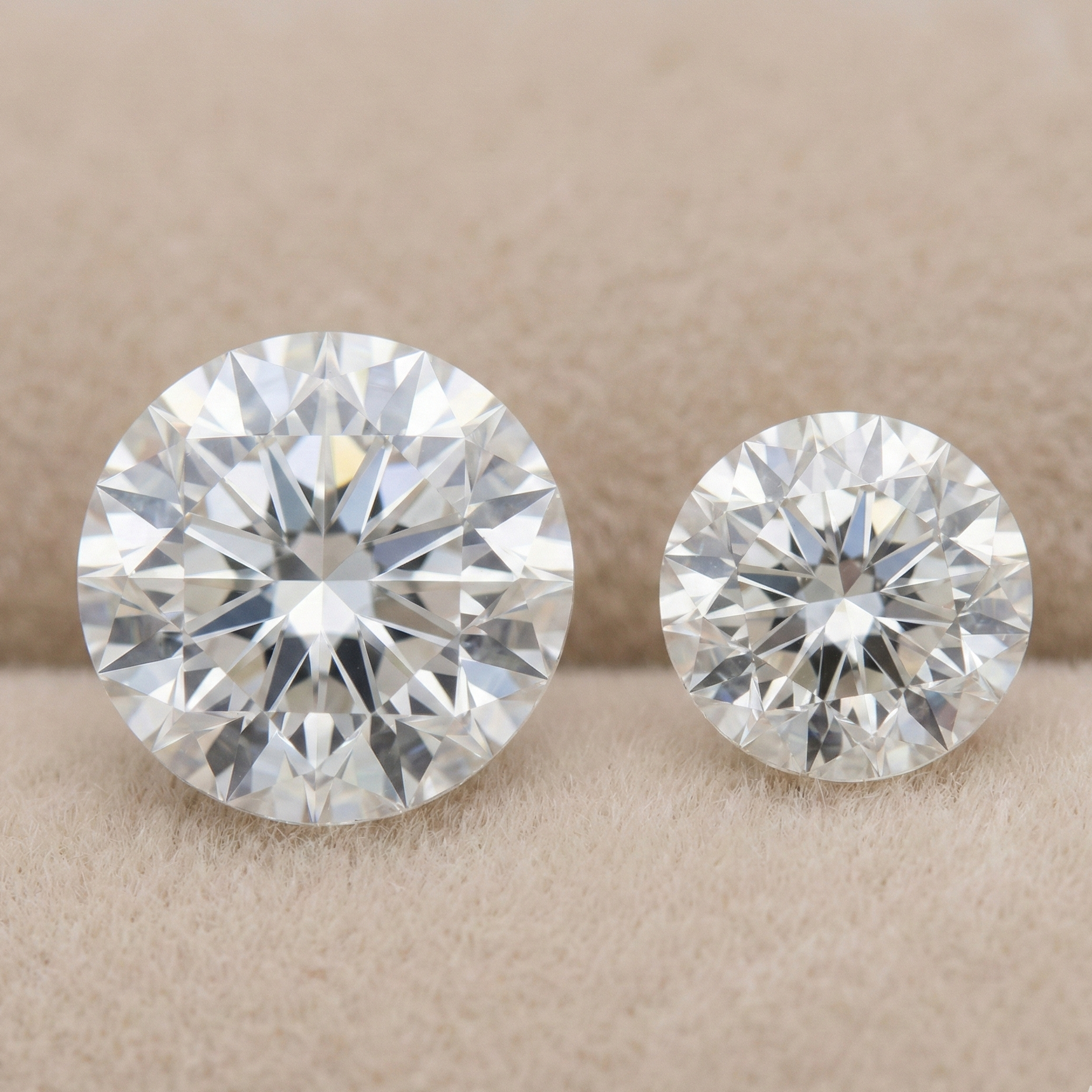 Side-by-side macro image of two round brilliant diamonds on a soft beige fabric background — a larger stone on the left and a smaller stone on the right — illustrating the difference in diamond carat size.