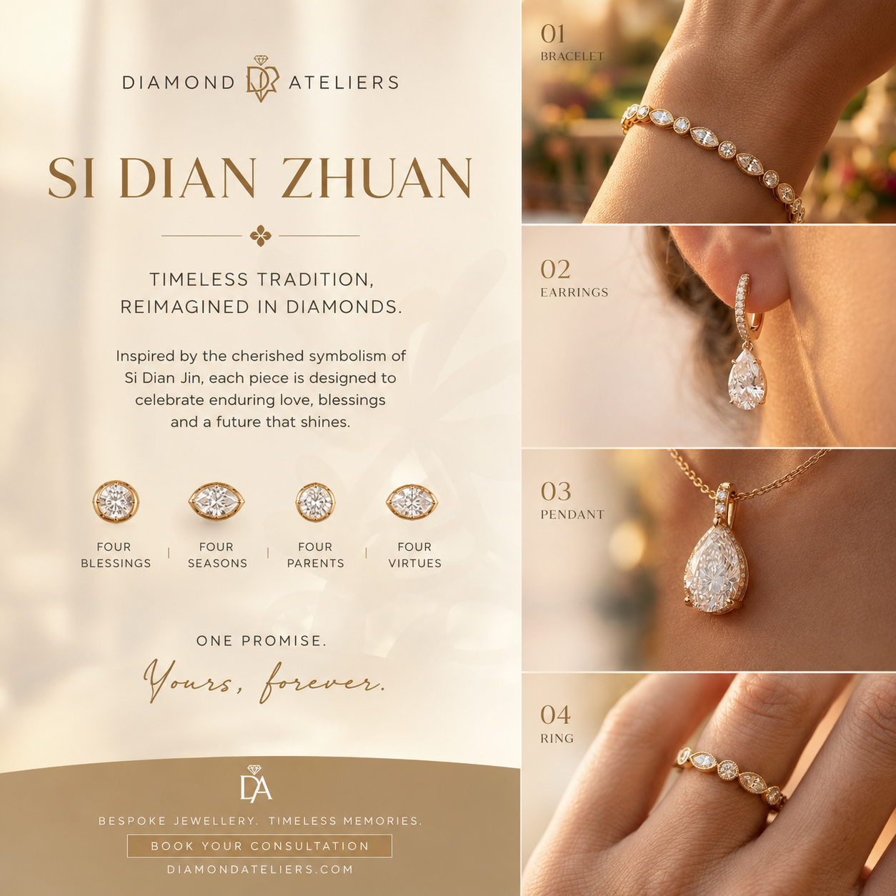 Promotional collage for the Diamond Ateliers 'Si Dian Zhuan' diamond jewelry set, showing four pieces (bracelet, earrings, pendant, ring) worn on hands, alongside descriptive text and diamond counts.