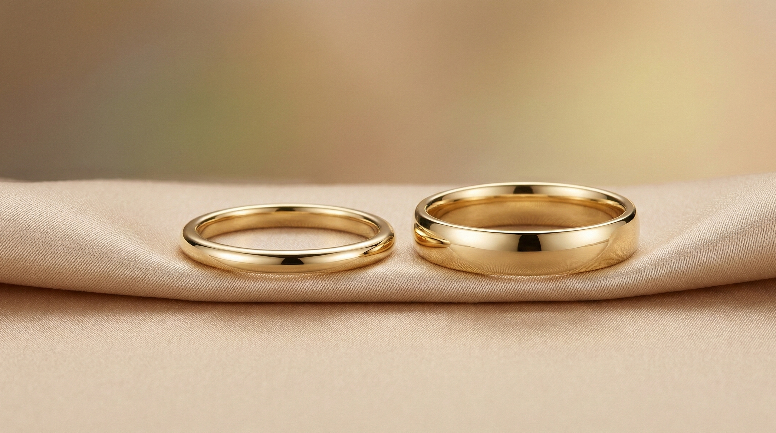 A close-up photograph of a matching pair of yellow gold wedding bands resting on a soft, folded champagne-colored satin fabric. The set includes a thinner band on the left and a wider band on the right, both featuring a high-polish finish and a classic rounded profile. The background is a warm, blurred gradient of beige and gold tones