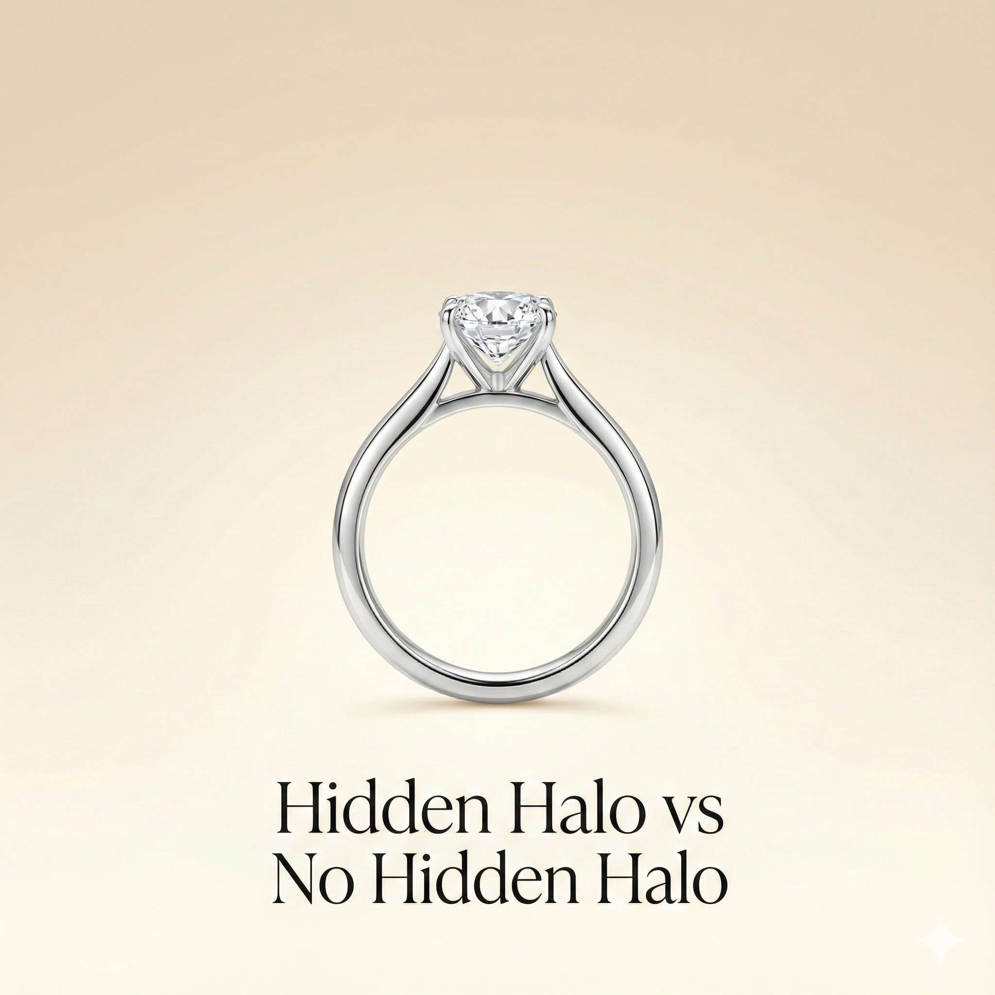 Side profile of a platinum solitaire engagement ring on a soft champagne background, highlighting a clean basket setting beneath the center diamond, with text reading “Hidden Halo vs No Hidden Halo”.