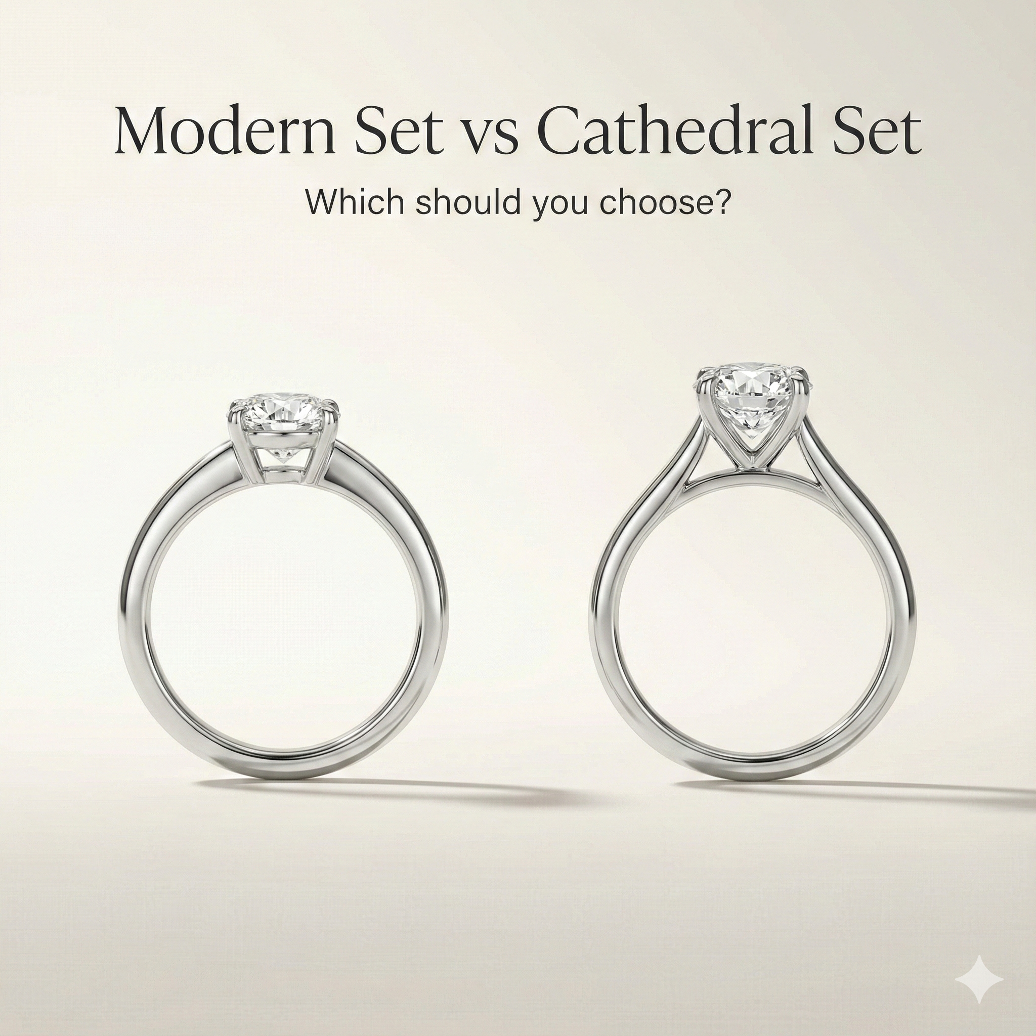 Side profile of a modern set ring and a cathedral set ring, showing the difference in diamond height.