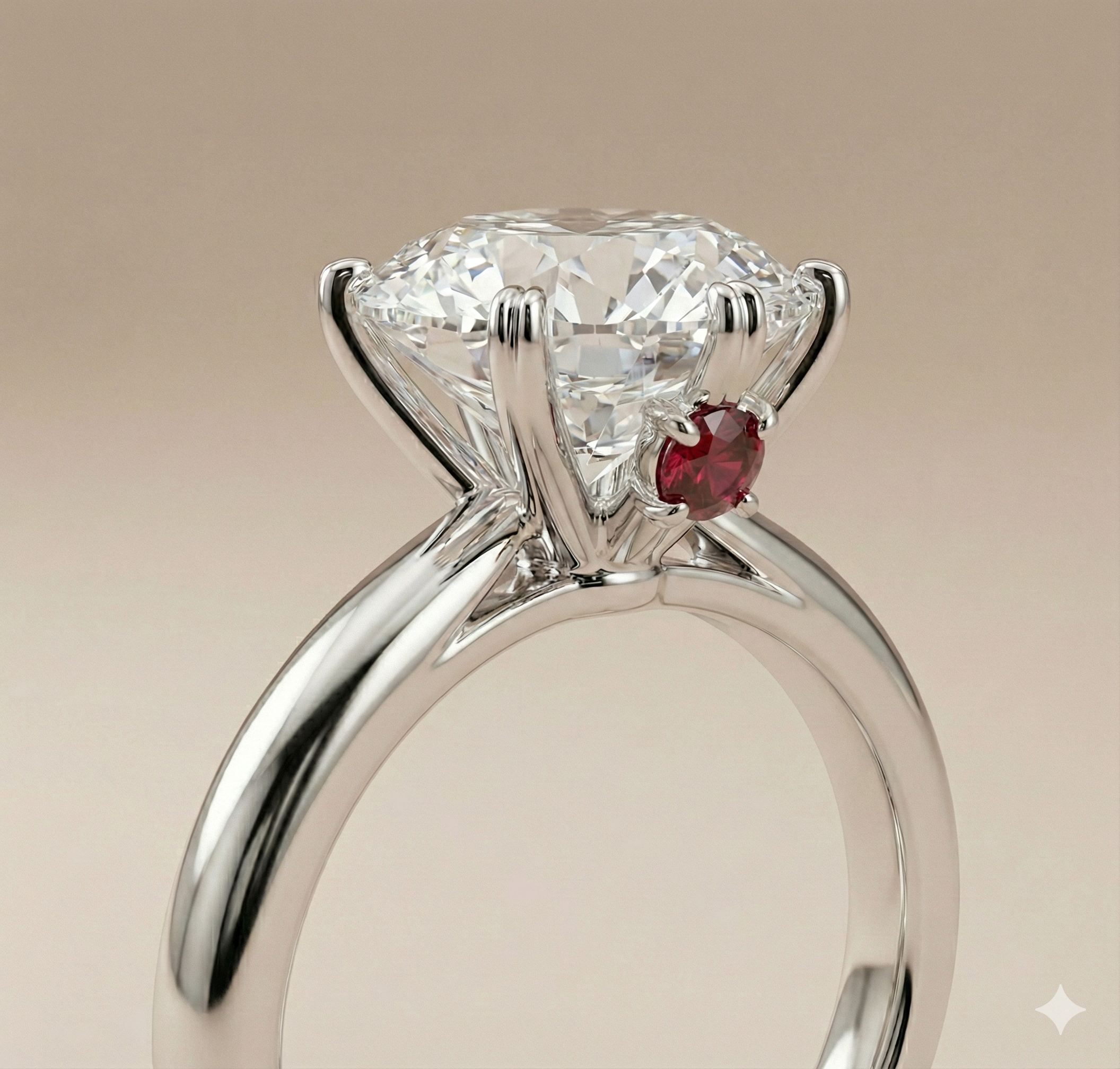 Platinum 6 prongs Diamond Engagement ring with Ruby on the side