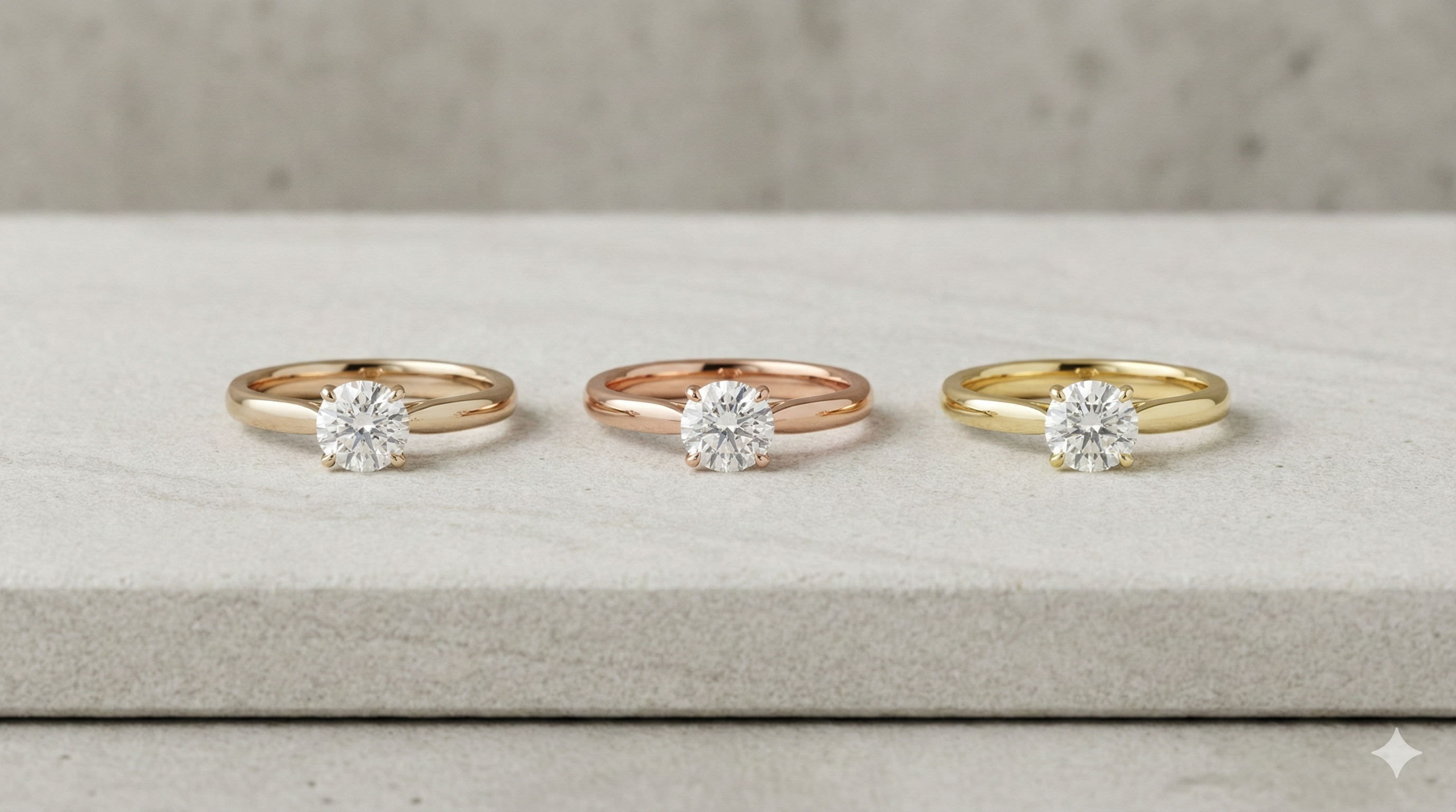 Three solitaire diamond engagement rings displayed side-by-side on a textured stone surface, showing identical designs in champagne gold, rose gold, and yellow gold.