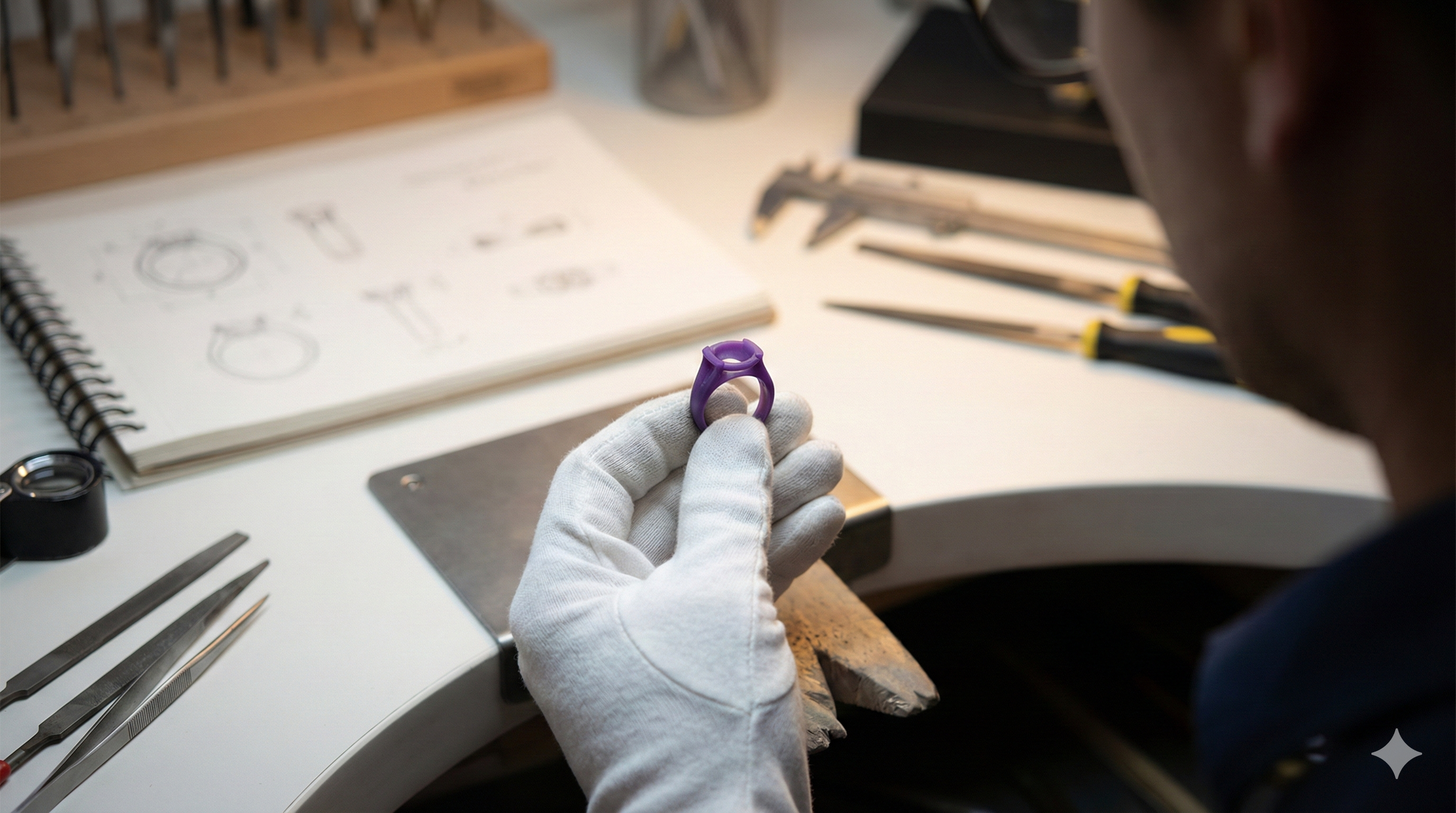 Close-up of a jeweller’s gloved hand inspecting a purple wax resin prototype of a custom engagement ring, set against a workbench with technical sketches and precision tools.