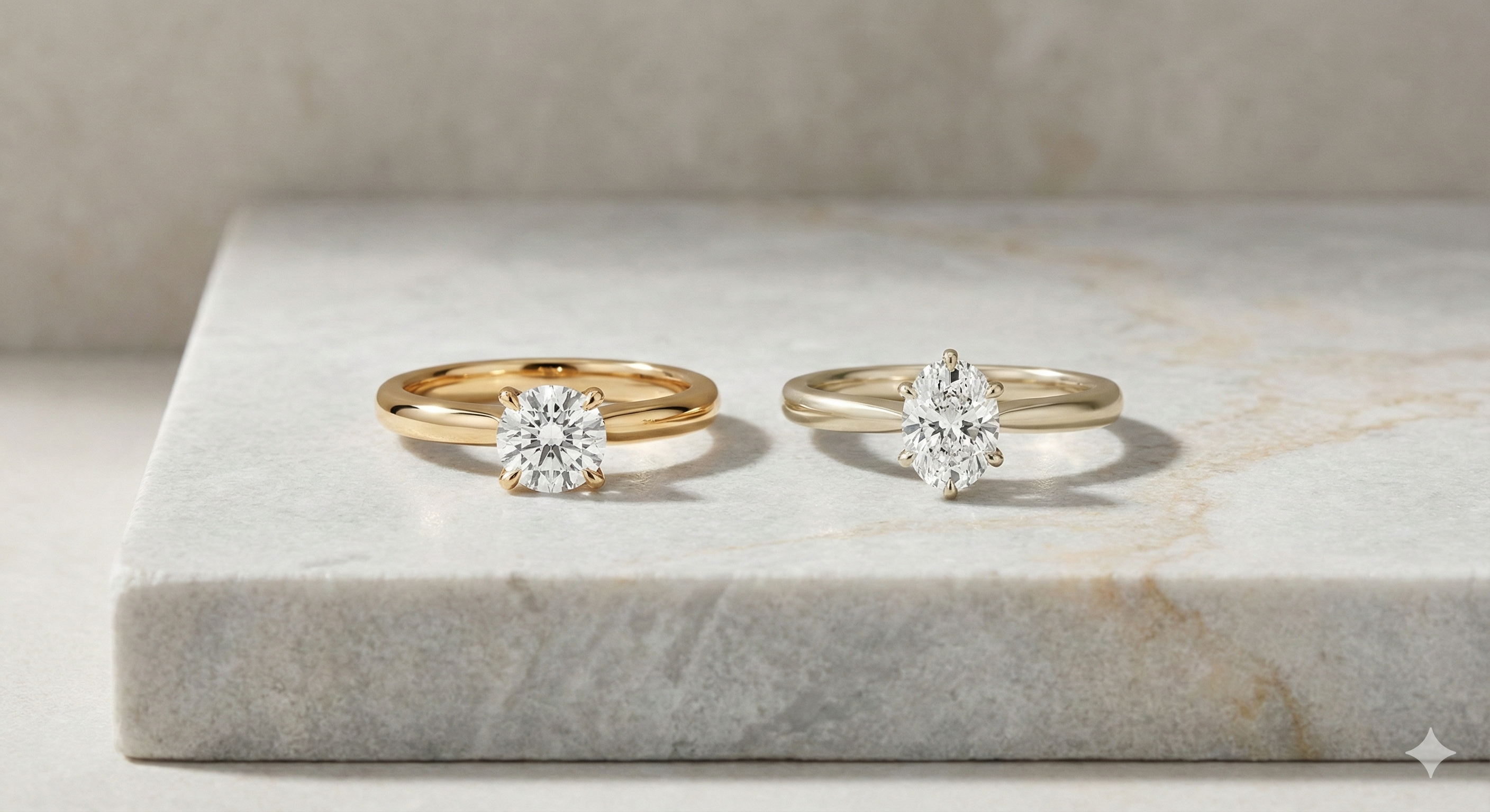 Two Diamond Ateliers engagement rings displayed side-by-side on a textured stone block, comparing the subtle color difference between rich 18K and lighter 14K yellow gold bands in a minimalist luxury setting.