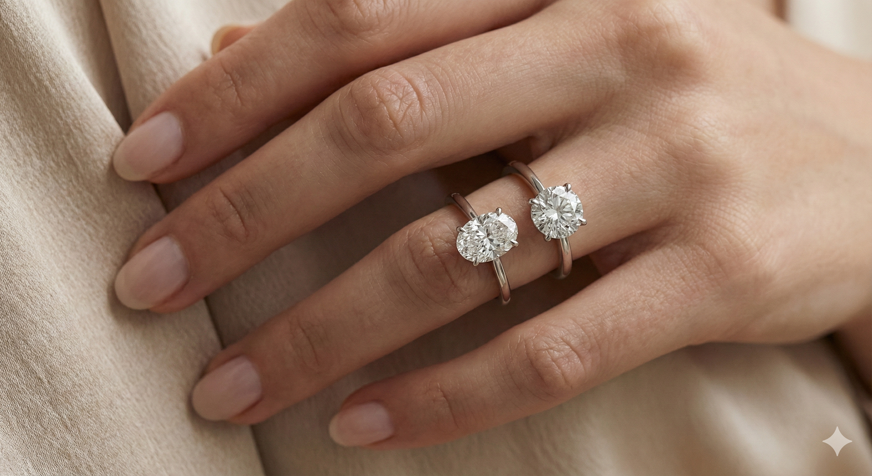 Close-up comparison of an oval-cut diamond ring and a round-cut diamond ring worn side-by-side on a woman's hand.