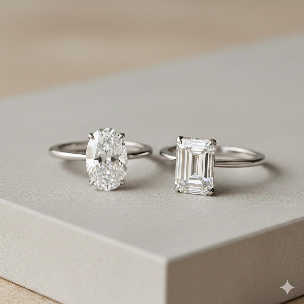 a 1.5-carat oval brilliant cut diamond and 1.5ct emerald cut diamond