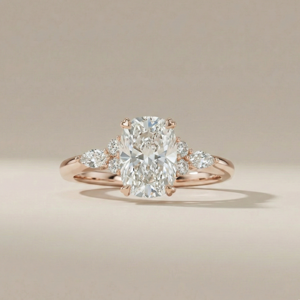 Copy of 18K Rose Gold Cushion Cut Trilogy – Pear & Round Diamond Accents - Elongated Cushion