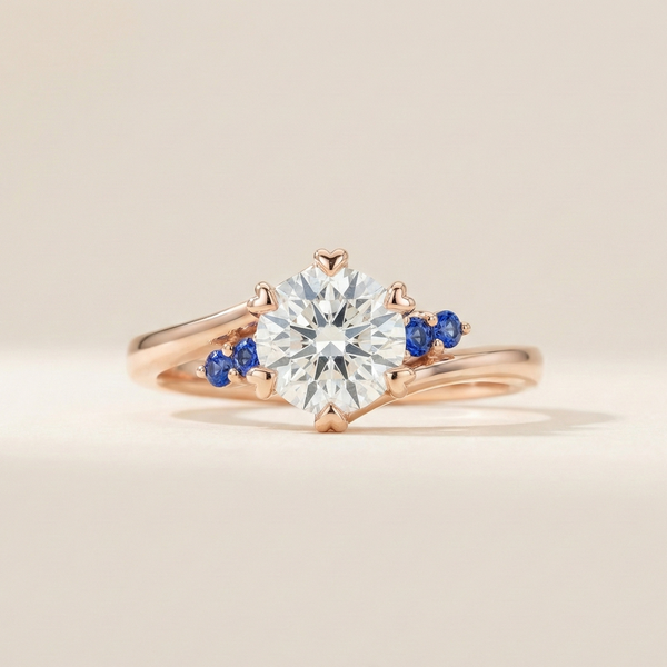 18K Rose Gold Heart-Prong Round Brilliant Trio Ring — Blue Sapphire Accents