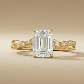18K Yellow Gold Emerald Cut Open Arc Twist Pavé Ring - Image 1