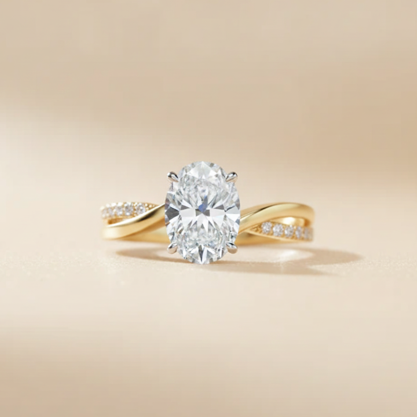 18K Yellow & White Gold Prong-Tips Oval Open Arc Twist Ring