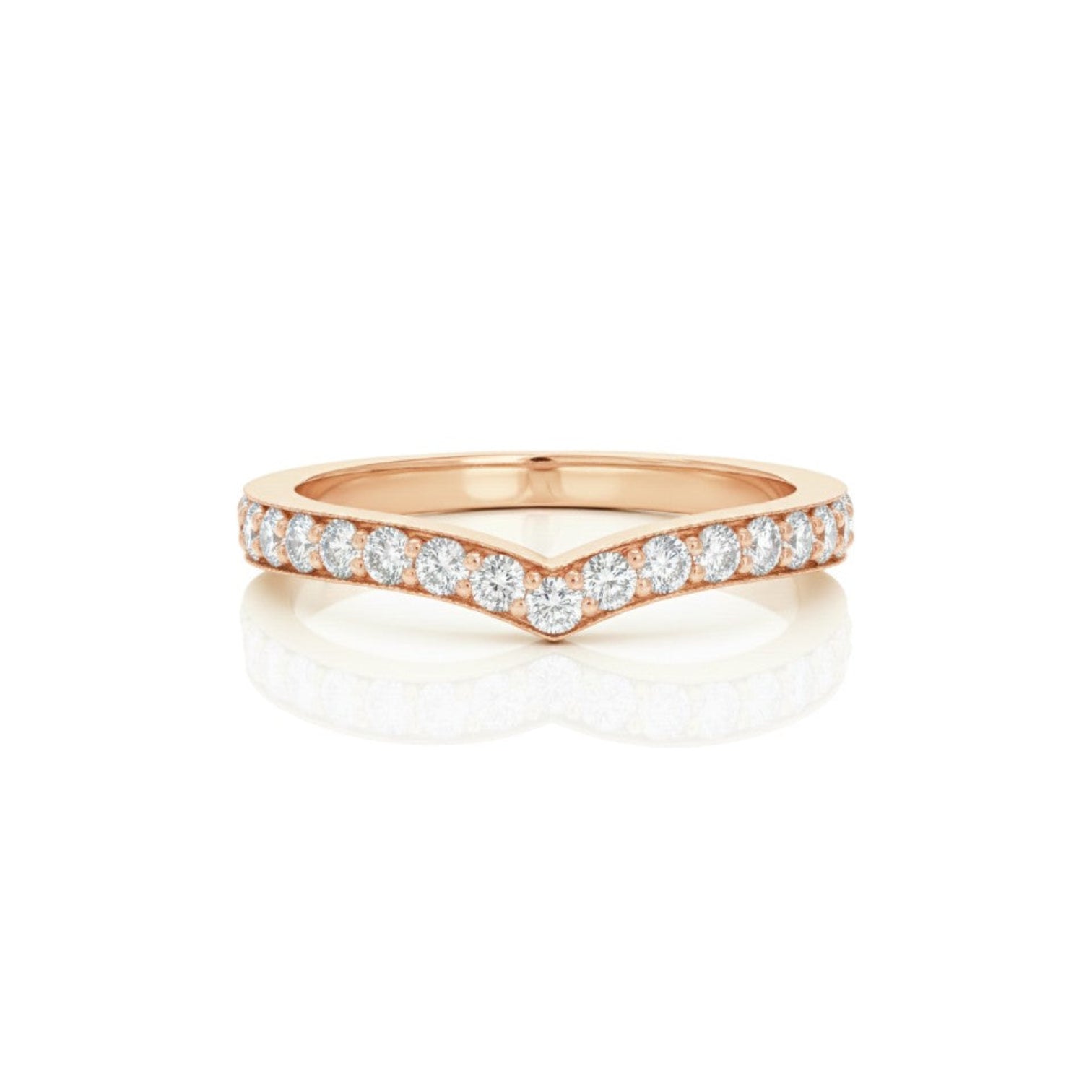 2.2mm V-shaped channel diamond band in 18K rose gold featuring round diamonds set in a curved V silhouette.