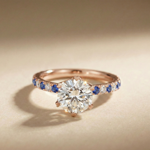 18K Rose Gold Heart-Prong Sapphire Pavé Solitaire Engagement Ring