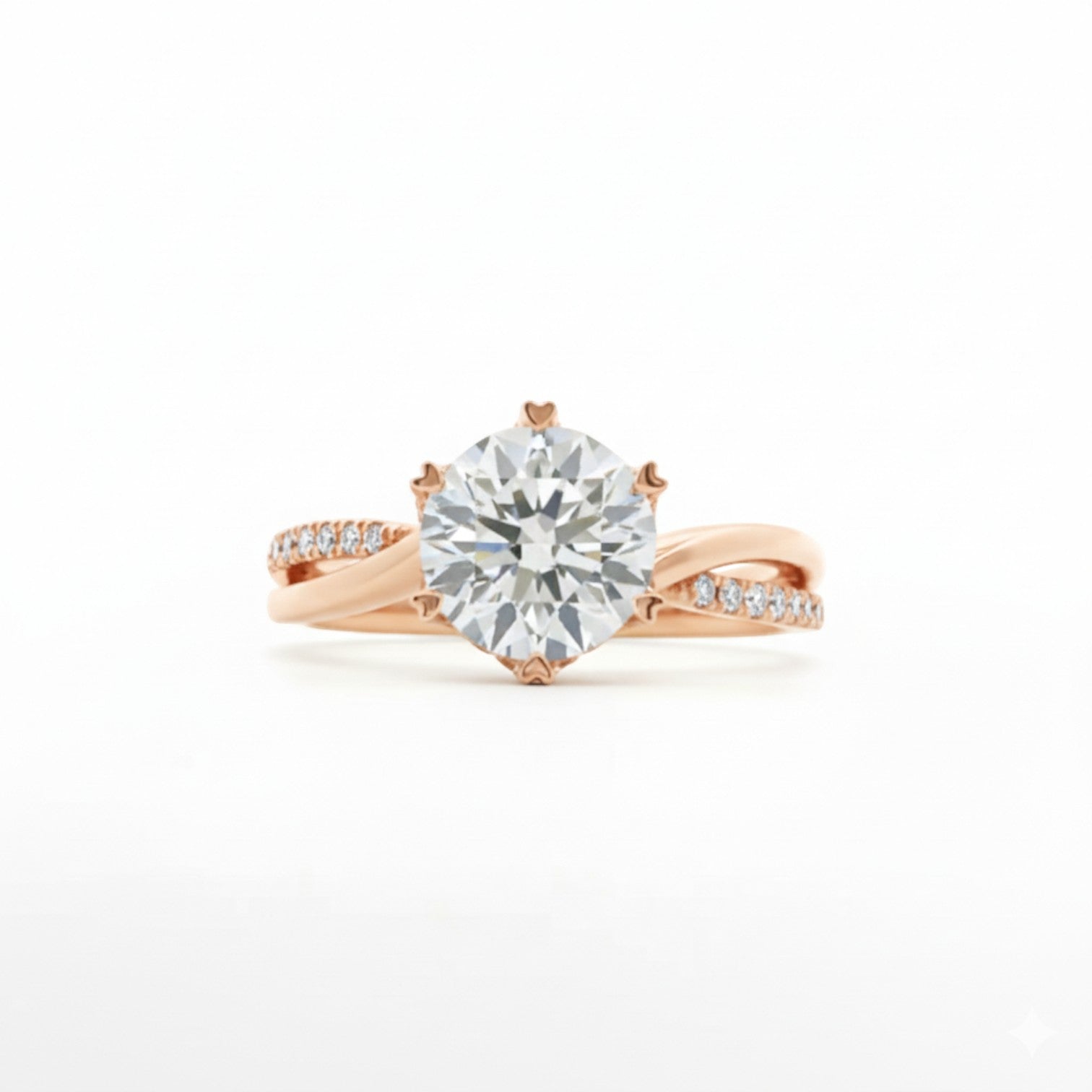 A twist-band solitaire engagement ring with an open arc and 6 heart prongs in warm 18K rose gold — Diamond Ateliers.