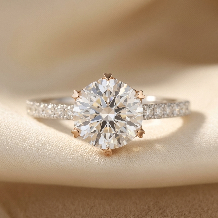 18k white gold ring with rose gold prongs with a 1.0ct lab diamond