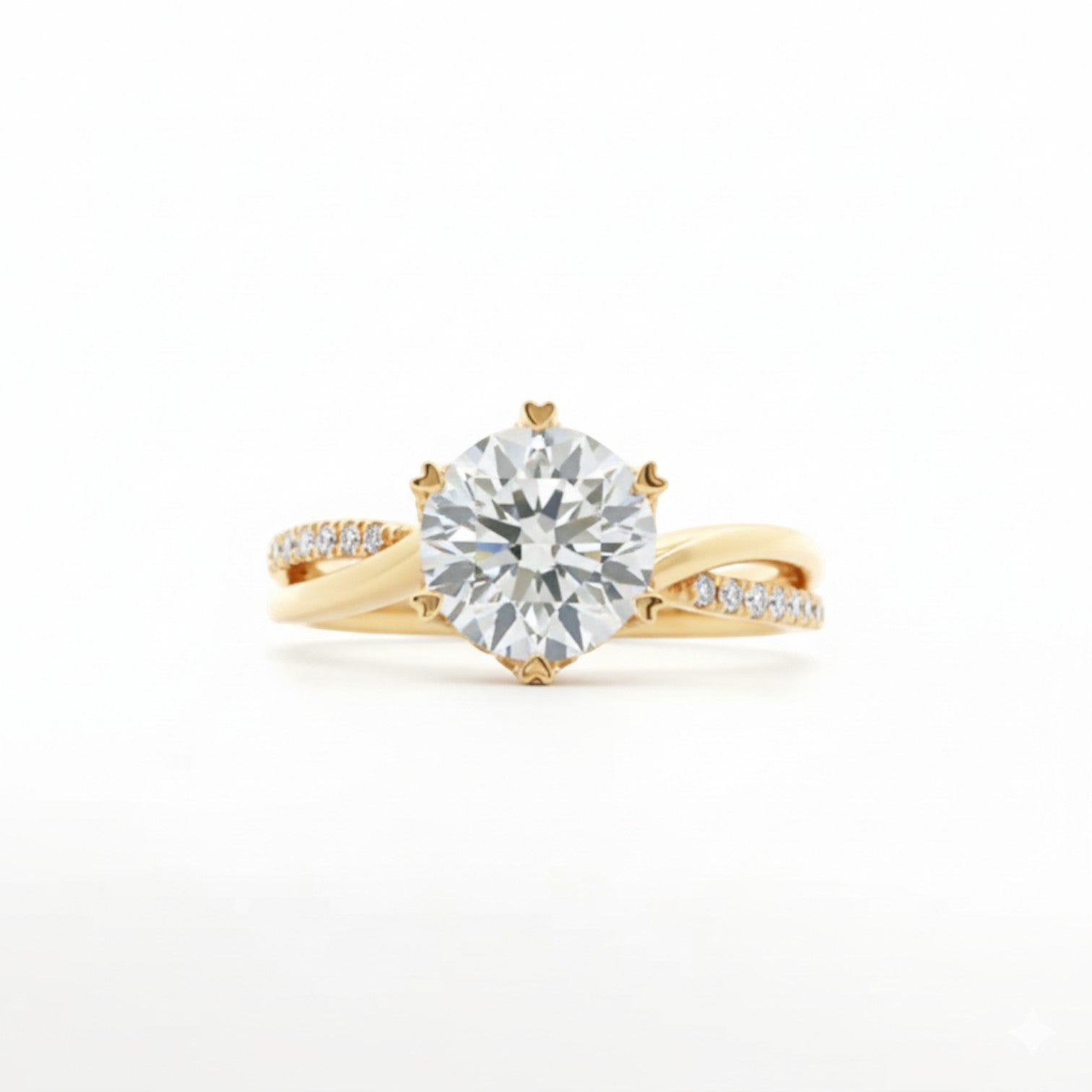 A twist-band solitaire engagement ring with an open arc and 6 heart prongs in classic 18K yellow gold — Diamond Ateliers.