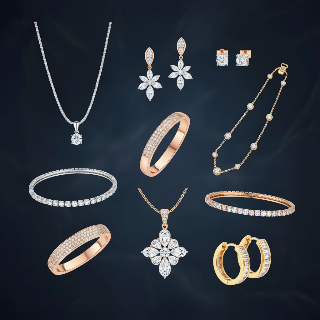 Assorted jewelry including necklaces, earrings, and bracelets on a dark background