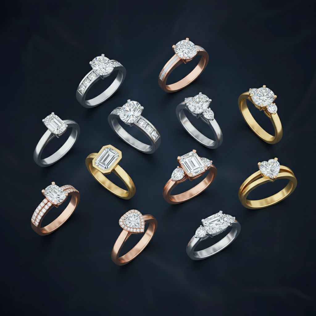 Collection of diamond rings in various settings on a dark background