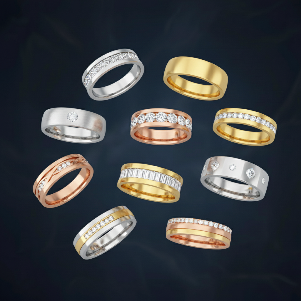 Collection of gold, silver, and rose gold rings with diamond accents on a dark background