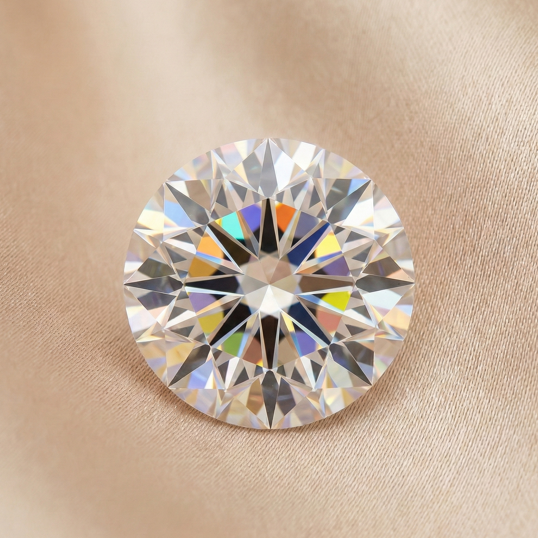 Close-up macro image of a round brilliant cut diamond showing crisp facets and perfect symmetry on a soft champagne beige fabric background, illustrating the Cut aspect of the 4Cs.