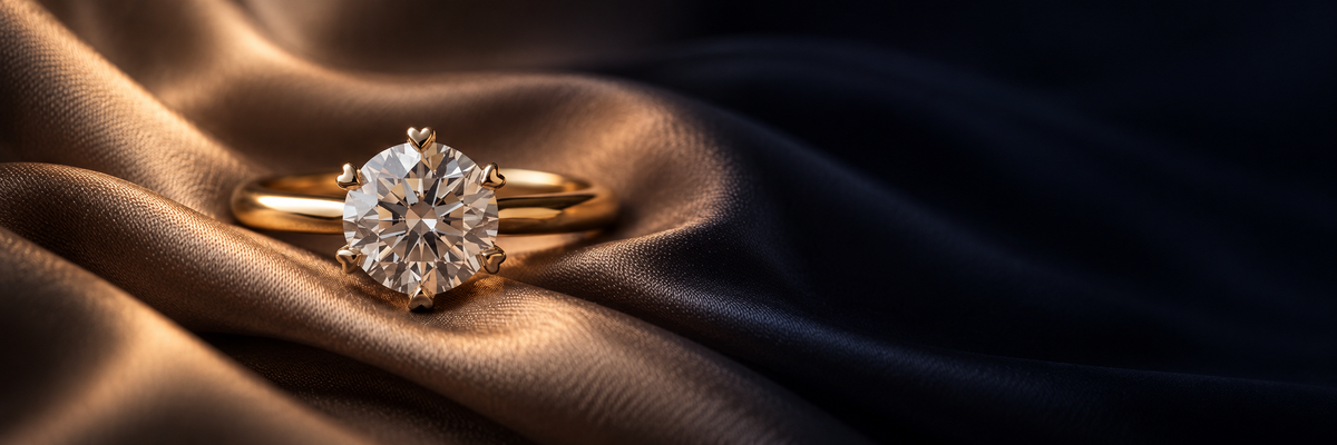 Generated illustration of a yellow-toned solitaire ring with six heart-shaped prongs on champagne and navy fabric.