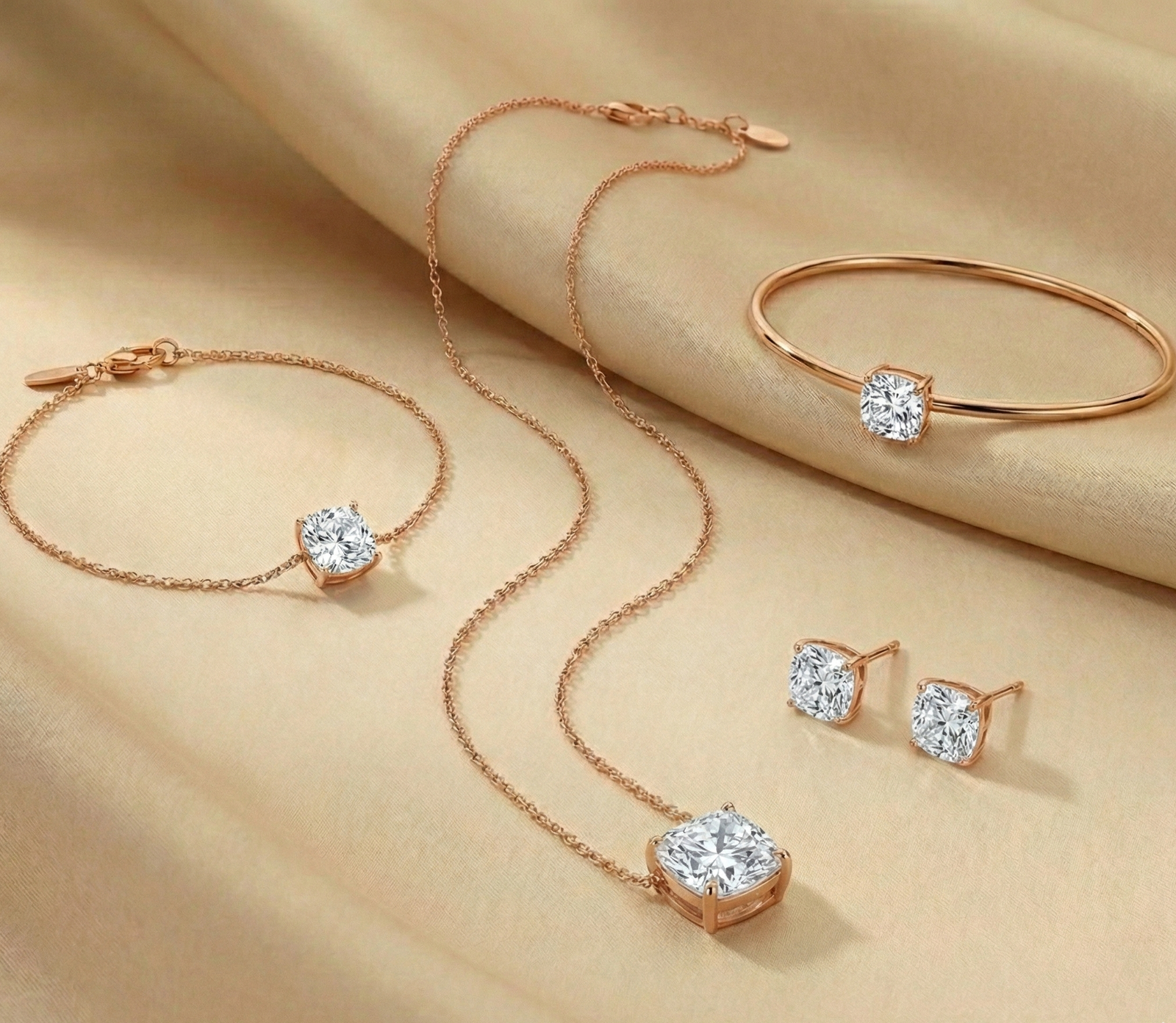 Cushion Solitaire Rose Gold Jewellery Set