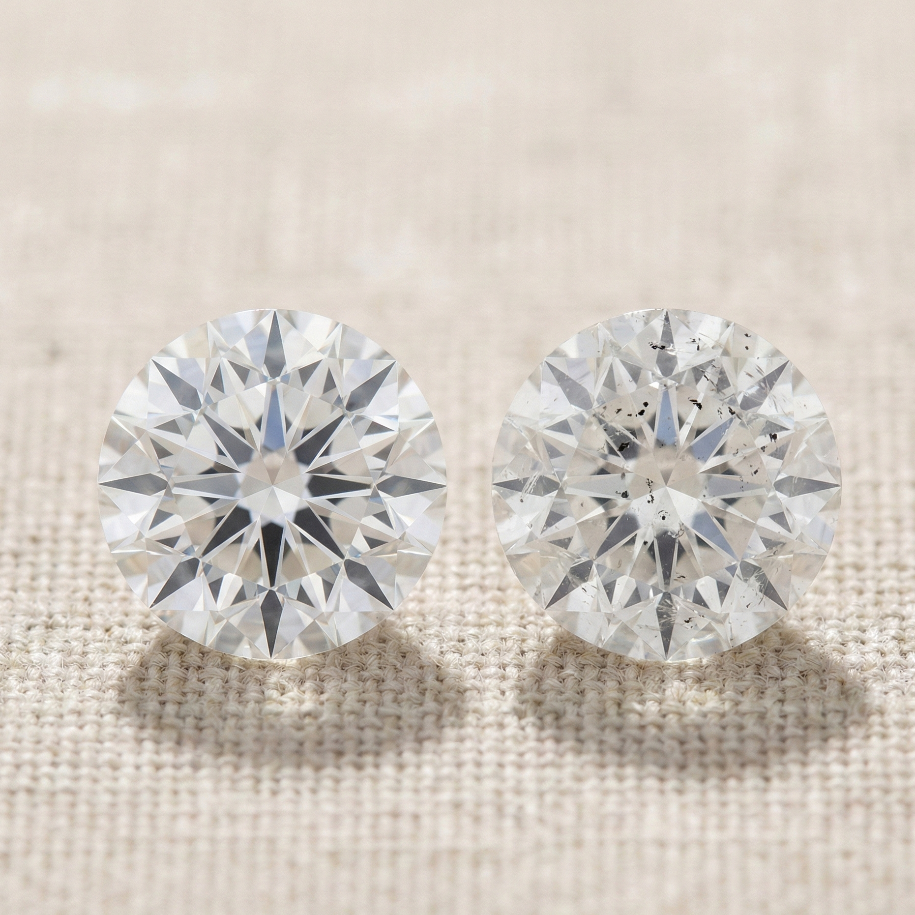 Side-by-side macro image of two round brilliant diamonds on a textured neutral fabric background — the left stone appears clean and flawless to the eye, while the right stone shows visible black inclusions and imperfections — illustrating differences in diamond clarity grades.