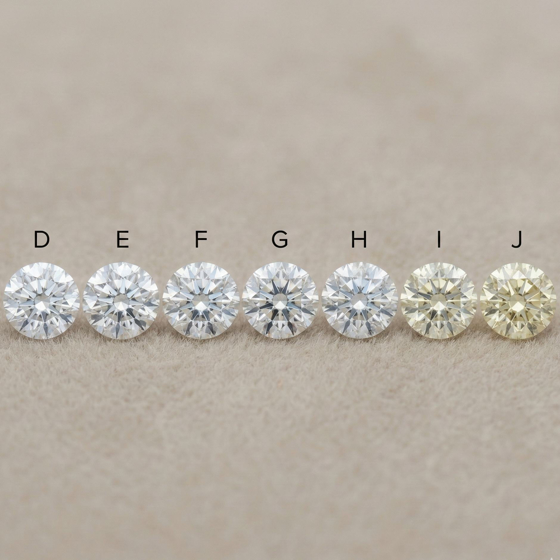Row of round brilliant diamonds labelled D, E, F, G, H, I, J on a neutral beige background, showing gradual colour change from icy white to warm yellow, illustrating the diamond colour grading scale.