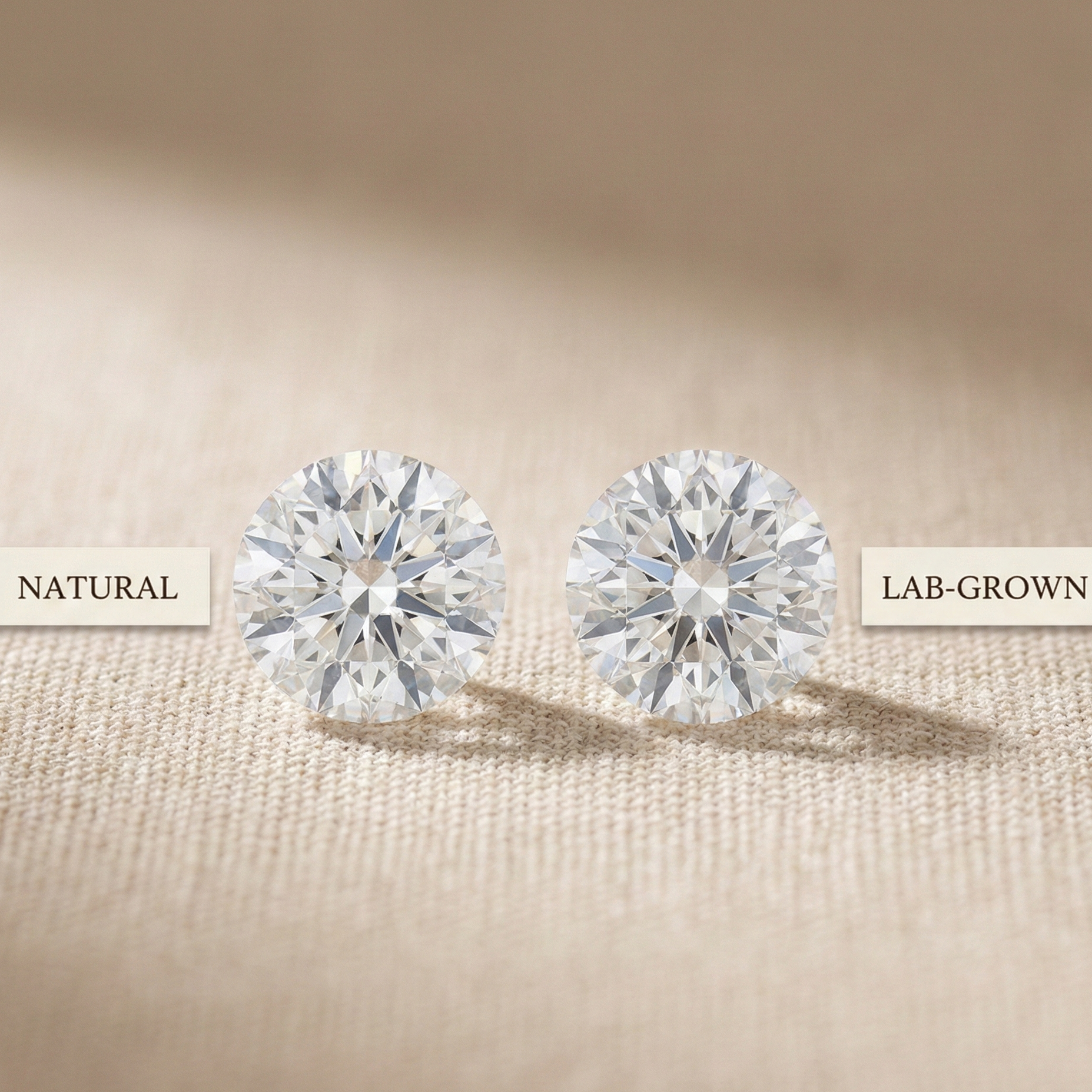 A macro, editorial-style photograph showing two identical round brilliant cut diamonds resting side-by-side on a soft, textured beige fabric. A small label pointing to the left diamond reads 'NATURAL' and a label pointing to the right diamond reads 'LAB-GROWN,' illustrating that they are visually indistinguishable.