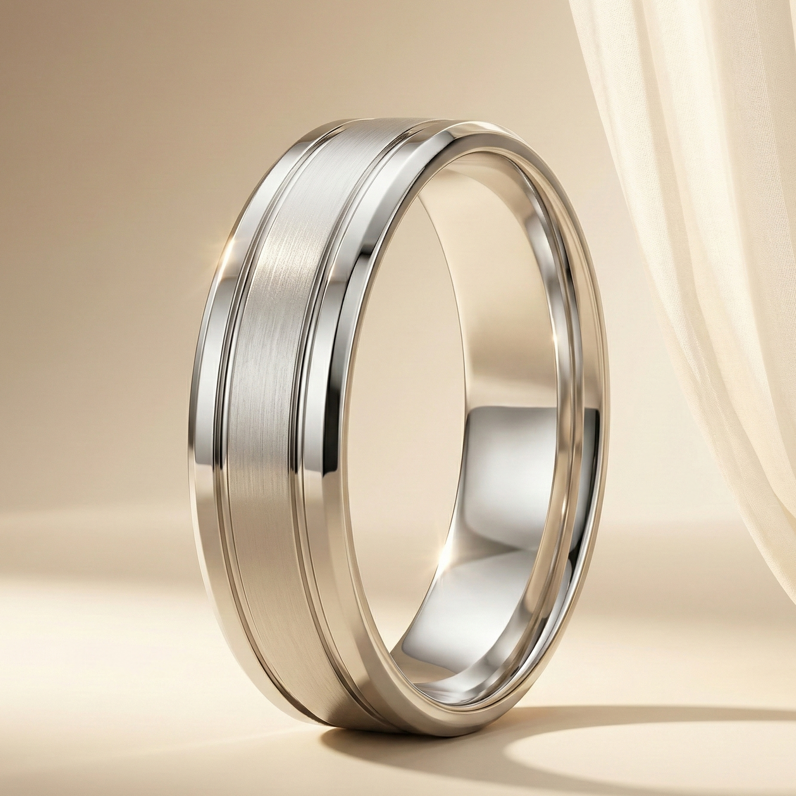Men’s Double-Groove Matte & High Polish Wedding Band (Platinum/White Gold)