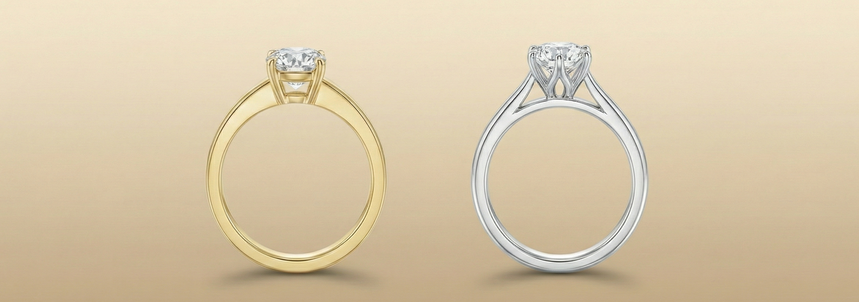 Side-profile comparison of a modern low-profile 18k yellow gold solitaire ring on the left and a cathedral-style 18k white gold solitaire ring on the right, displayed on a champagne-beige gradient background.