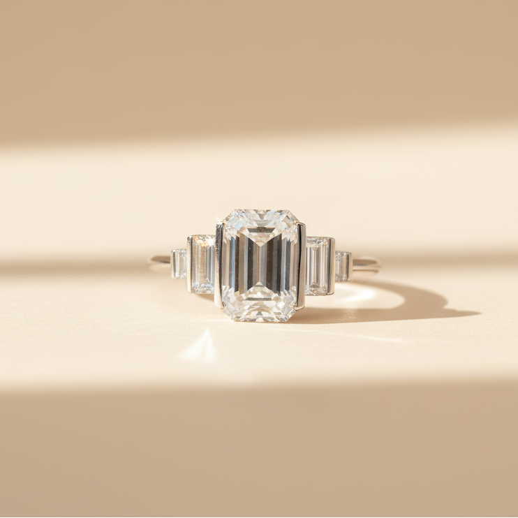Platinum Emerald Cut Engagement Ring with Stepped Baguette Side Stones