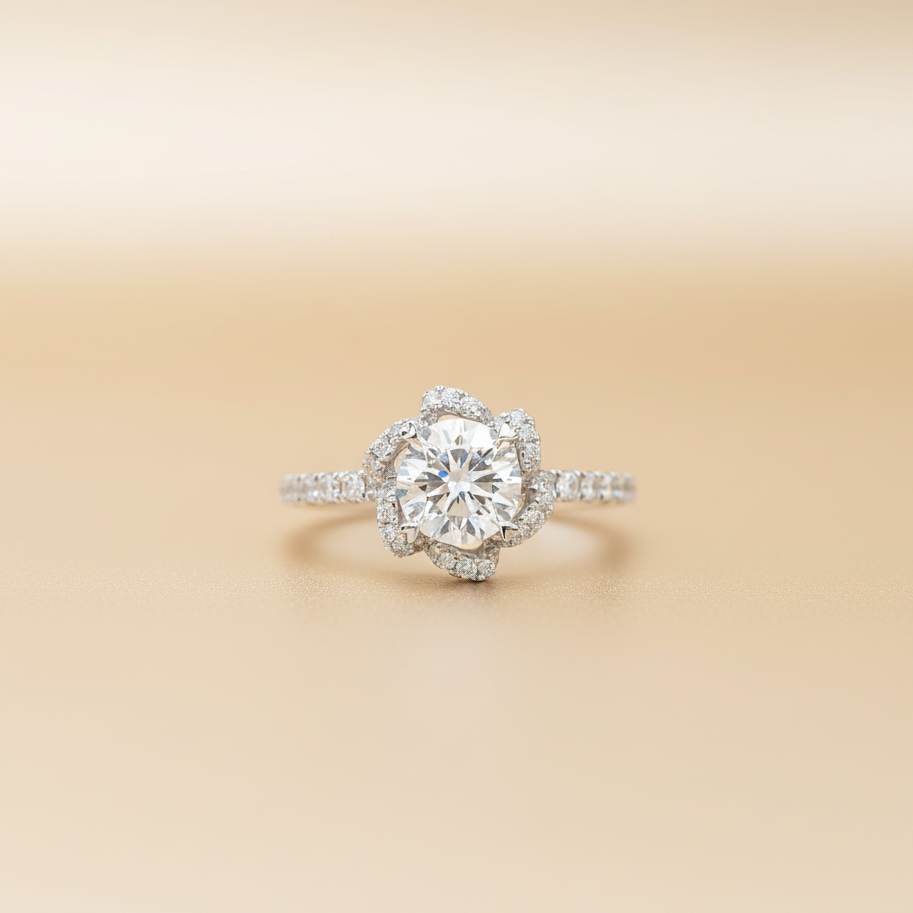 Platinum Floral Petal Halo Diamond Engagement Ring