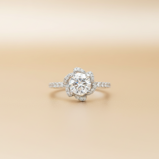 Platinum Floral Petal Halo Diamond Engagement Ring - Image 1