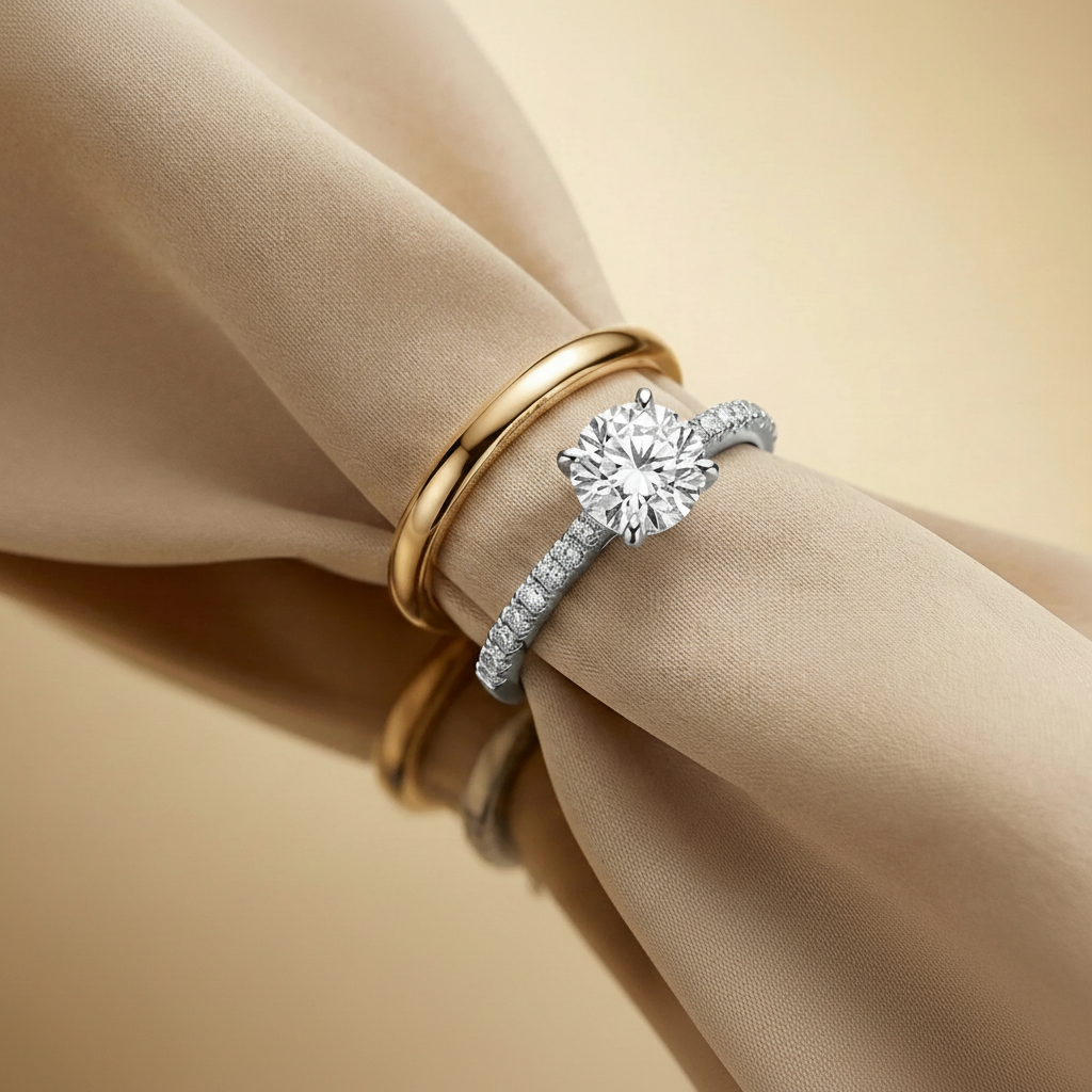 Two diamond rings, one gold and one silver, on a beige fabric background - Diamond Ateliers