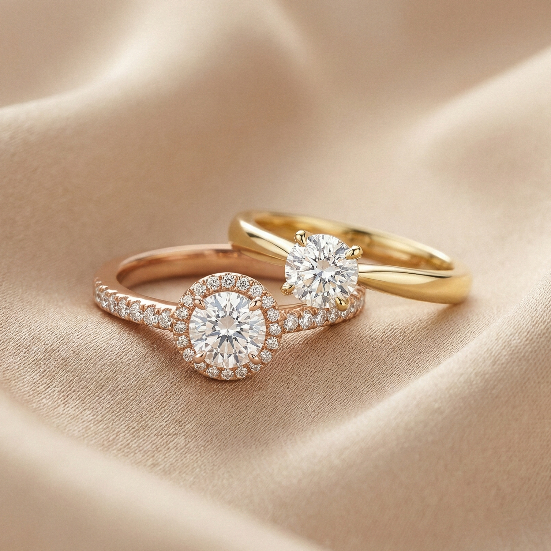 Rose gold pavé engagement ring and yellow gold solitaire engagement ring resting on champagne fabric.