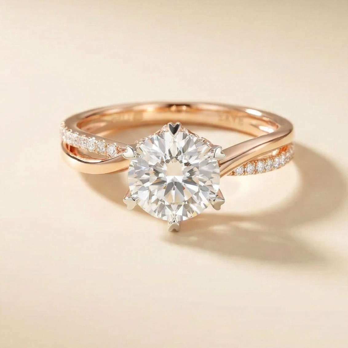 Rose gold ring with a large diamond on a beige background